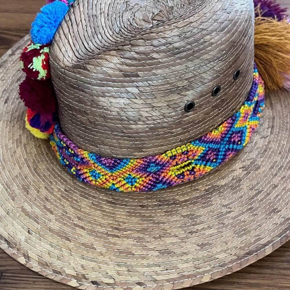 Vibrant Fun In the Sun Multicolor Pom Pom Evil Eye Protection Sunhat Beach Hat - Picture 4 of 8